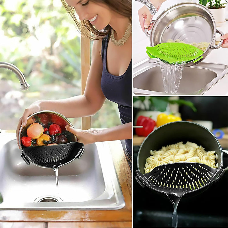 Kitchen Tools Fruit Clamping Drain Basket Noodle Filter Anti-spill Leakage Pot Side Silicone Drainer